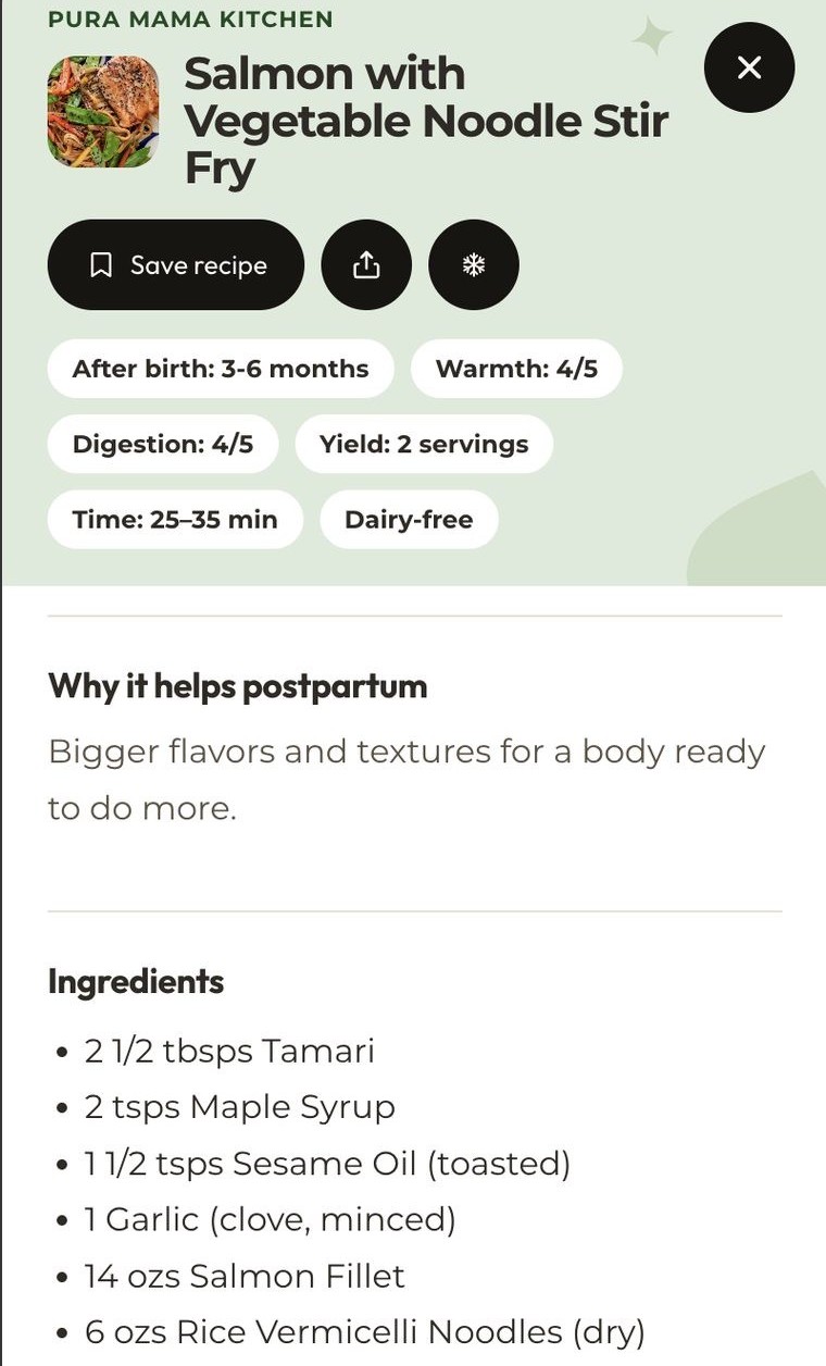 A Pura Mama recipe card in the app