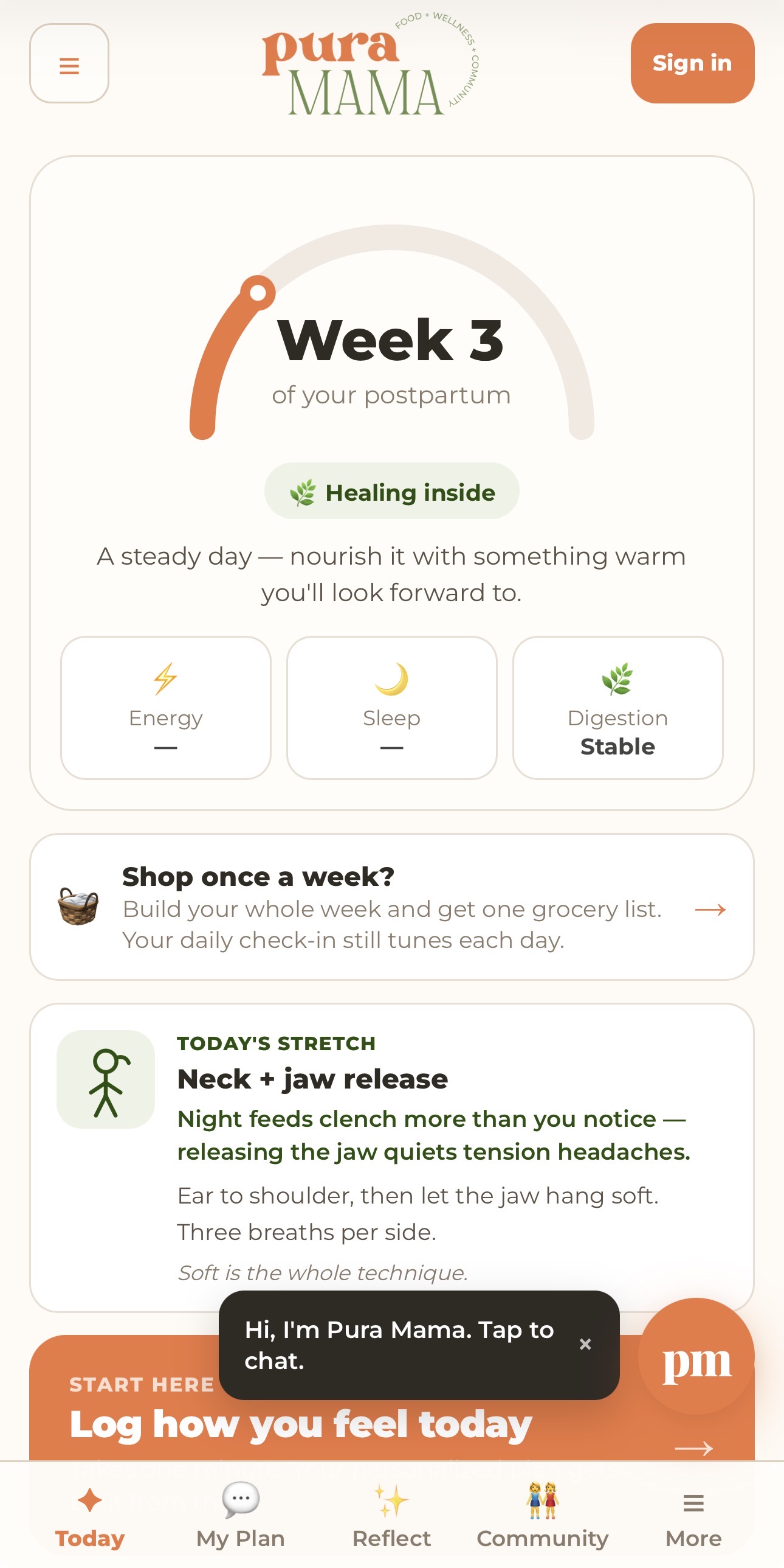 Pura Mama app — postpartum nutrition coach