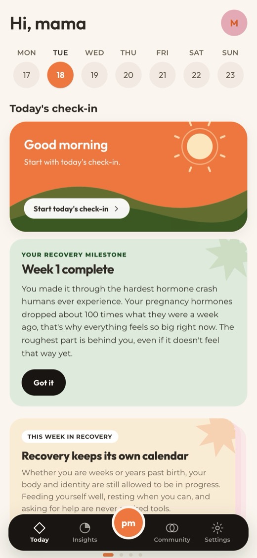 Pura Mama app — daily postpartum plan and AI coach