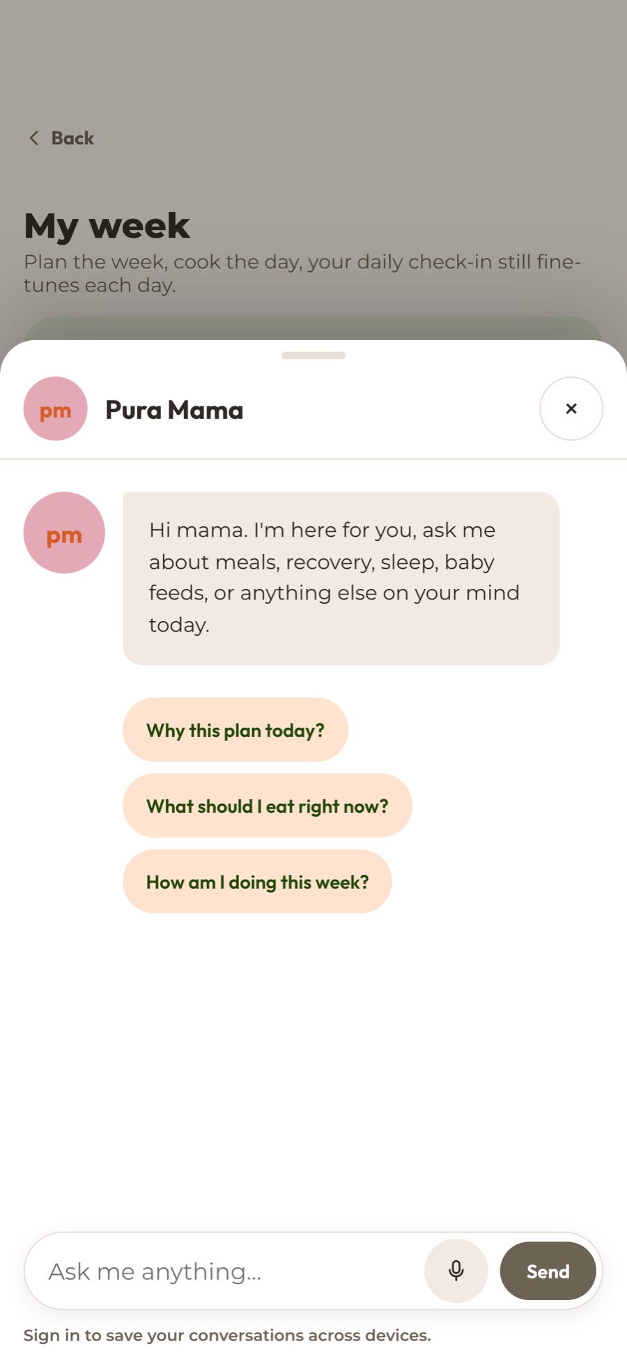 The coach in the app, with its suggested questions