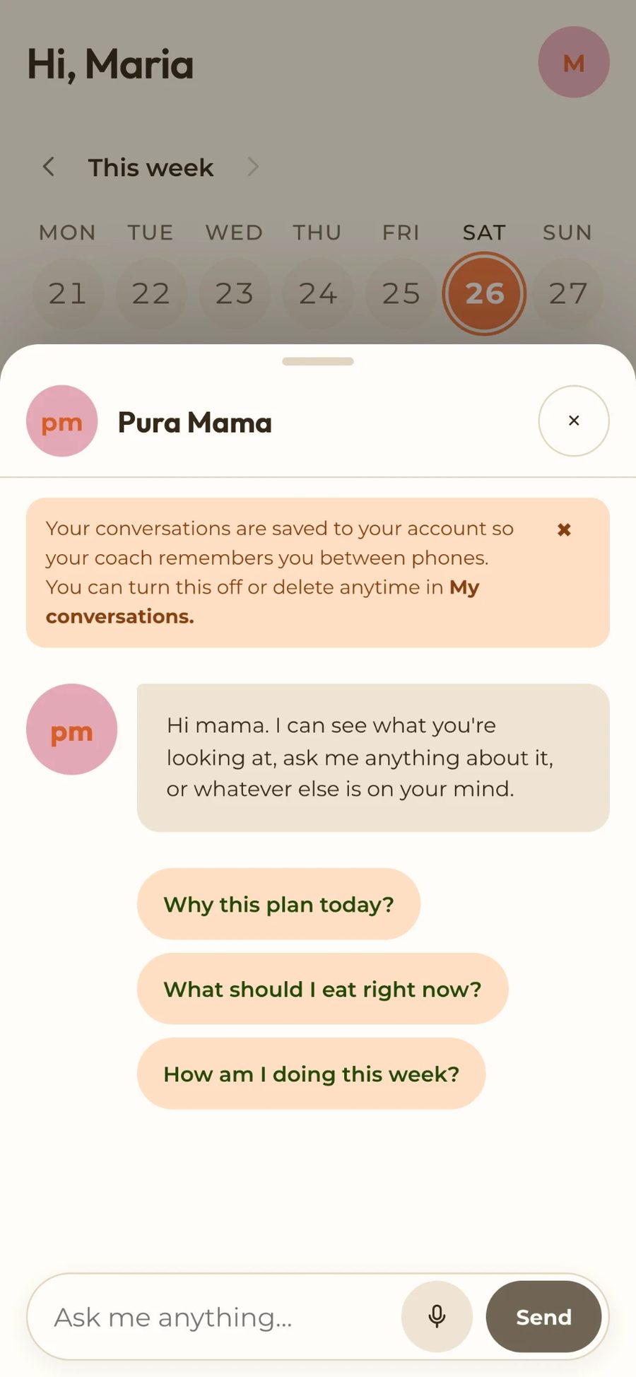 The coach in the app, with its suggested questions