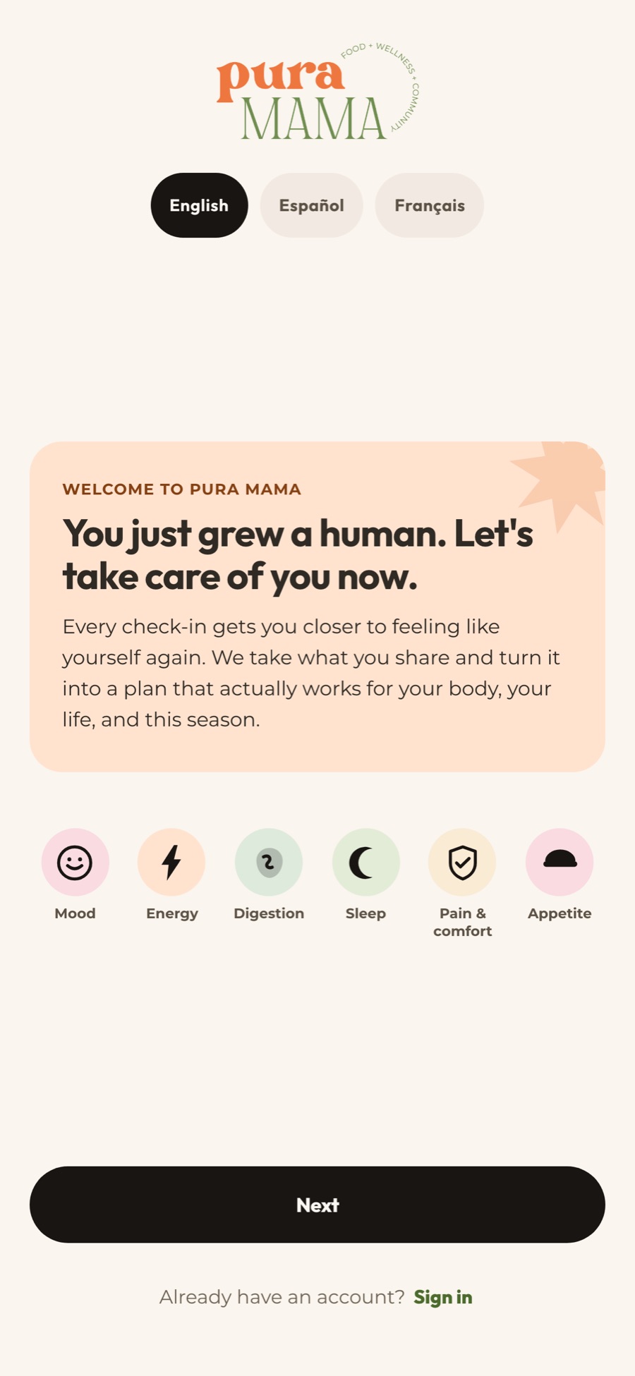 The first screen of the Pura Mama app, in three languages