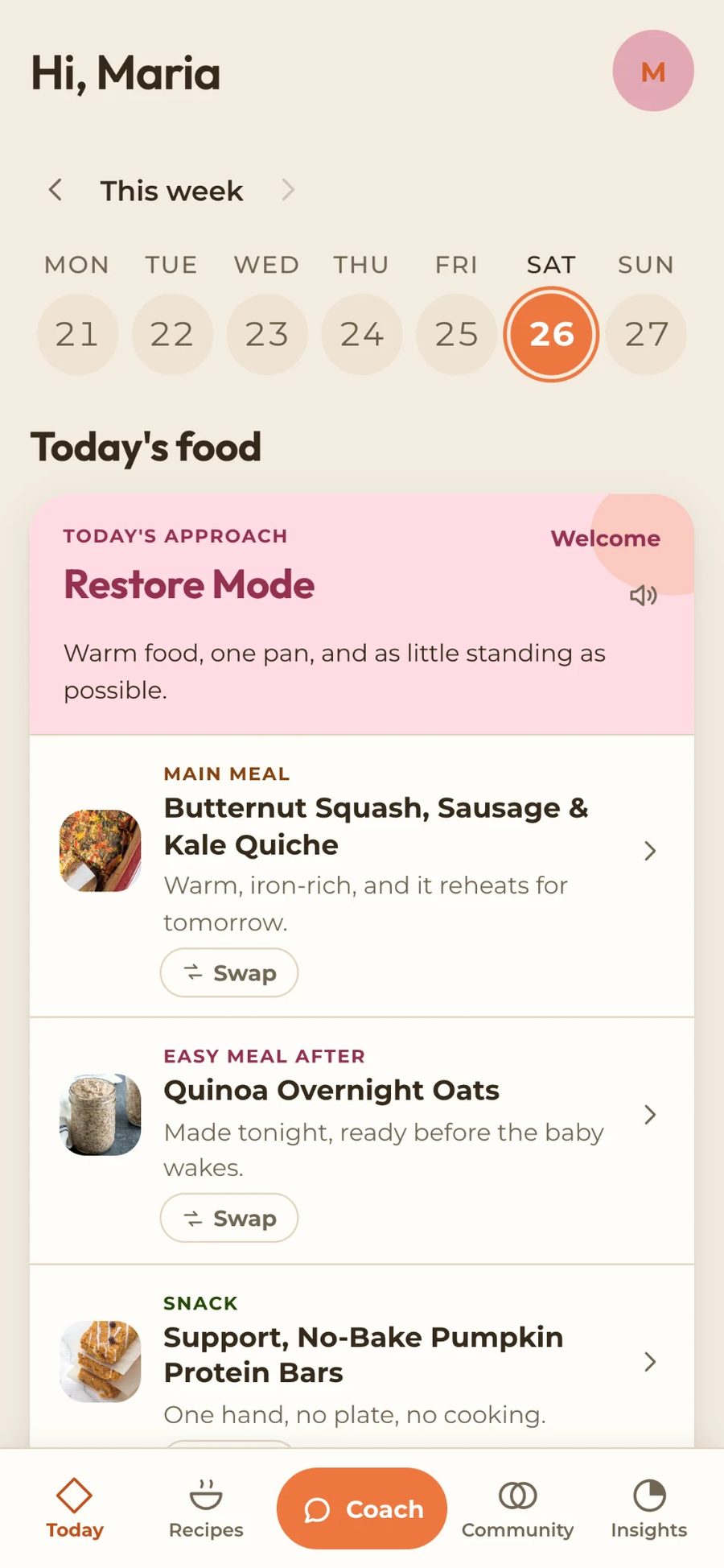 The home screen of the app: today's approach, today's meals, and a swap on each one