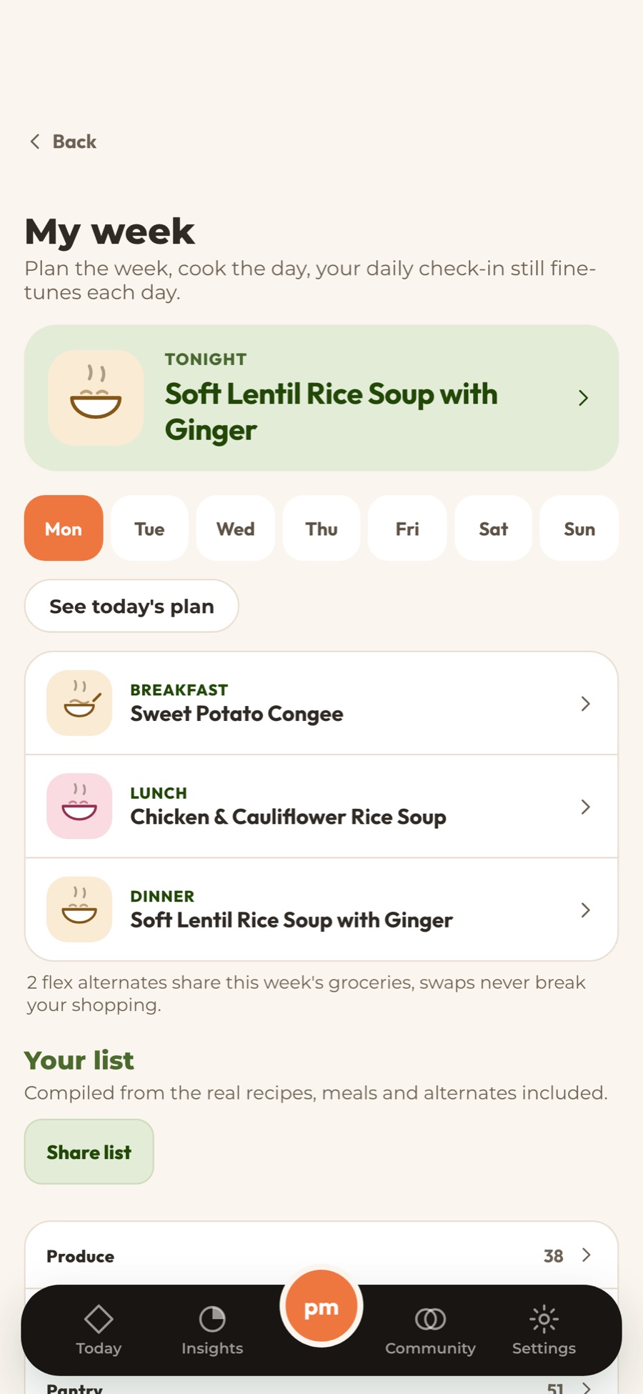 The week builder in the app: choose cook daily, prep once or a mix, then build the week