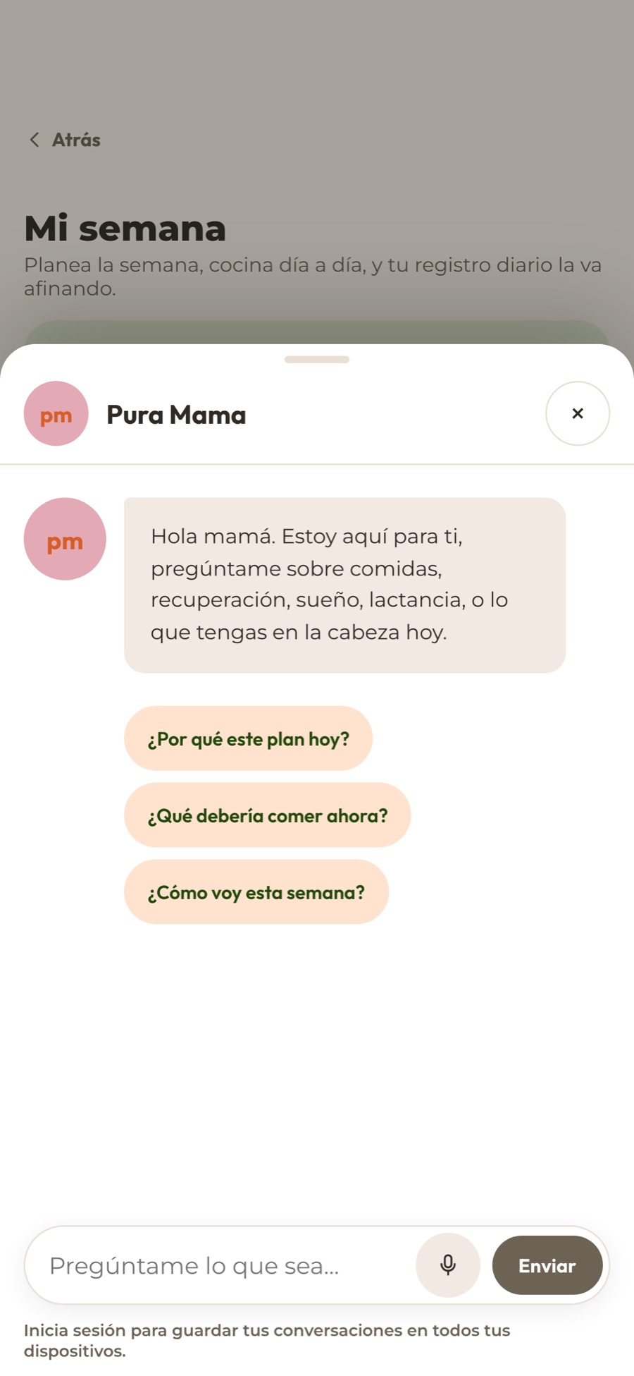 La coach en la app, con sus preguntas sugeridas