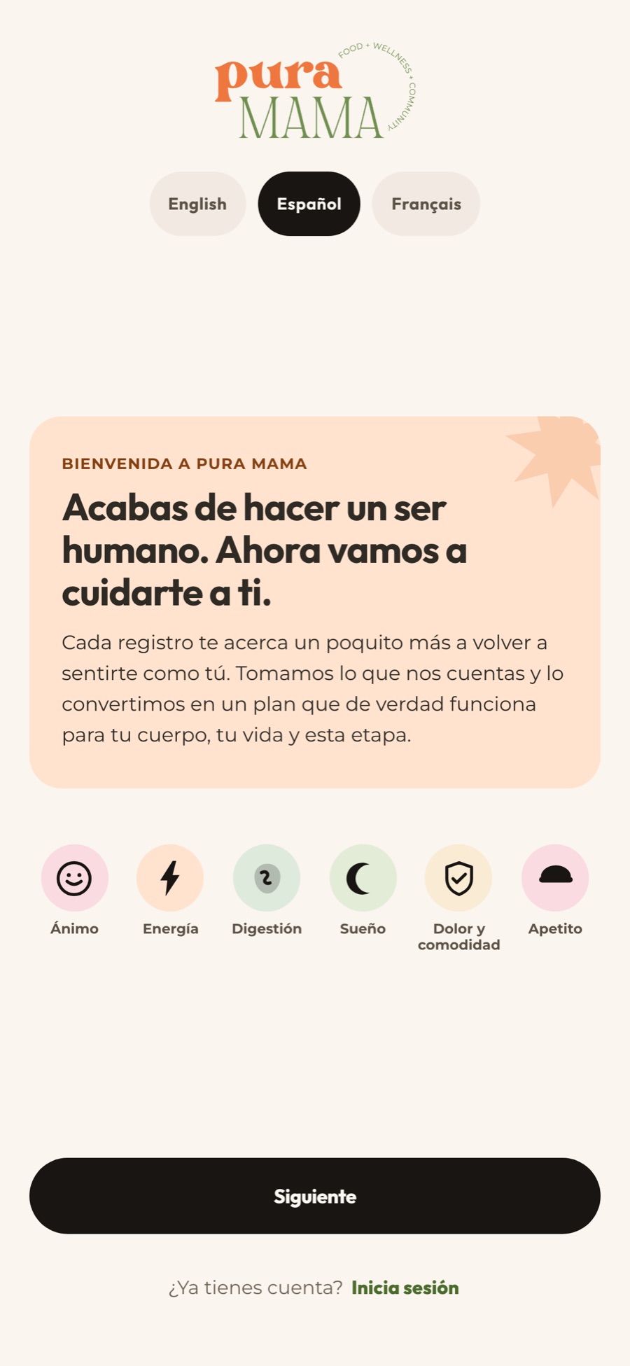 La primera pantalla de la app de Pura Mama, en tres idiomas