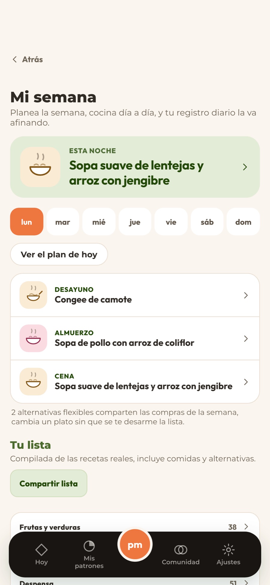 El creador de semana en la app: elige cocinar a diario, preparar una vez o un poco de ambos, y crea la semana