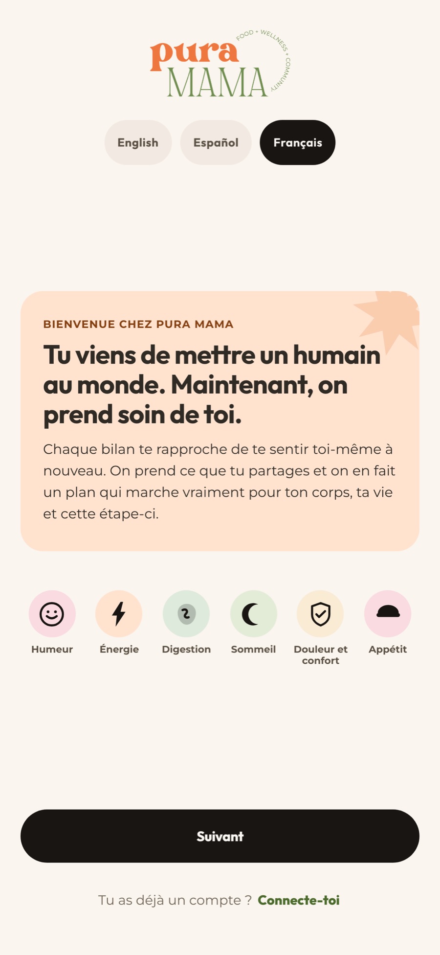 Le premier écran de l'appli Pura Mama, en trois langues