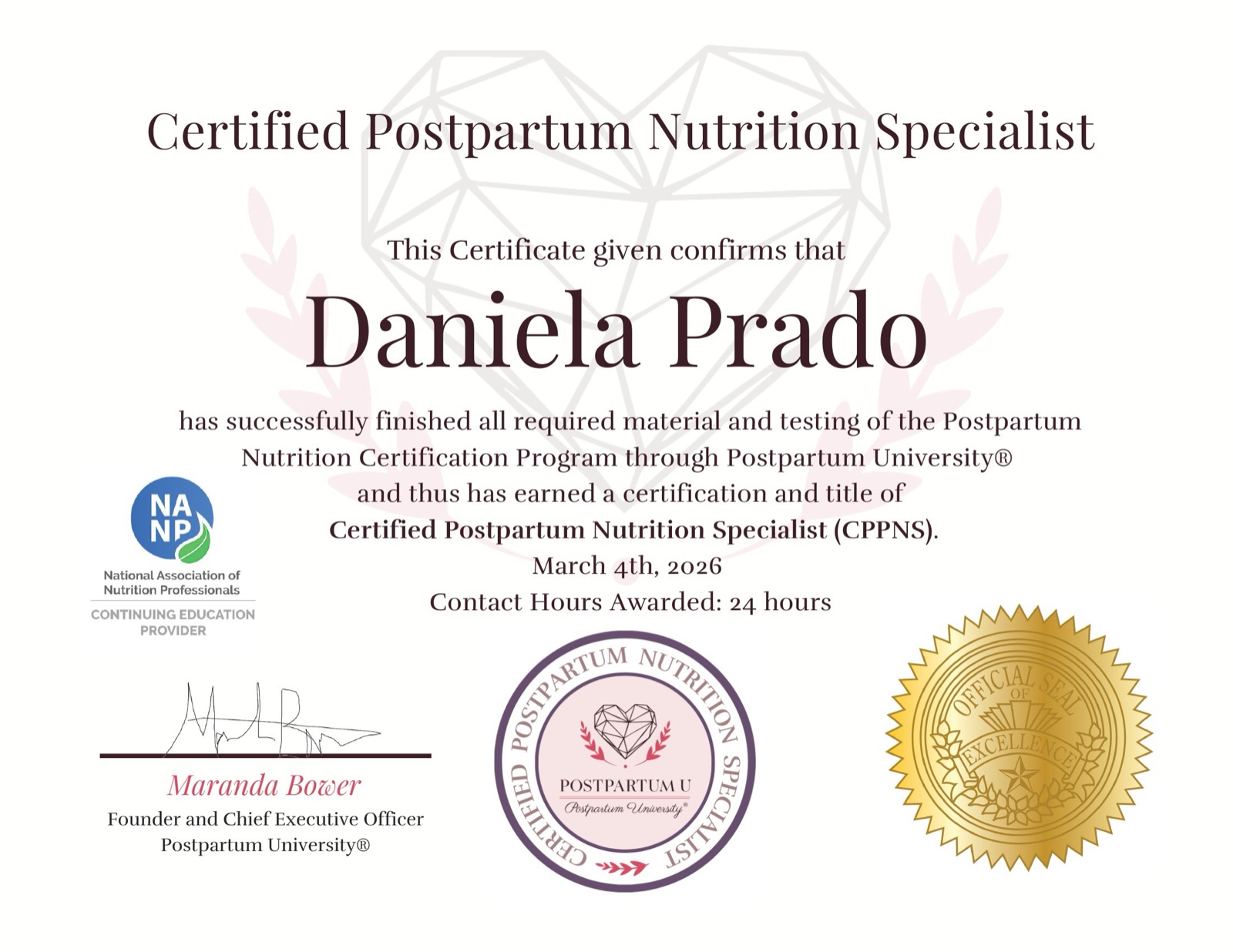 Daniela Prado's Certified Postpartum Nutrition Specialist certificate from Postpartum University, dated 1 August 2024