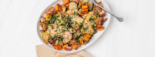 Honey Mustard Chicken Thighs with Sweet Potato & Bacon